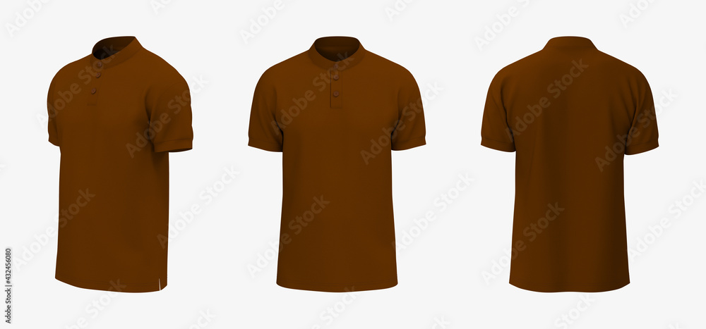 Blank mandarin collar t-shirt mockup in front, side and back views, tee design presentation for print, 3d rendering, 3d illustration Blank mandarin collar t-shirt mockup in front, side and back views, tee design presentation for print, 3d rendering, 3d illustration