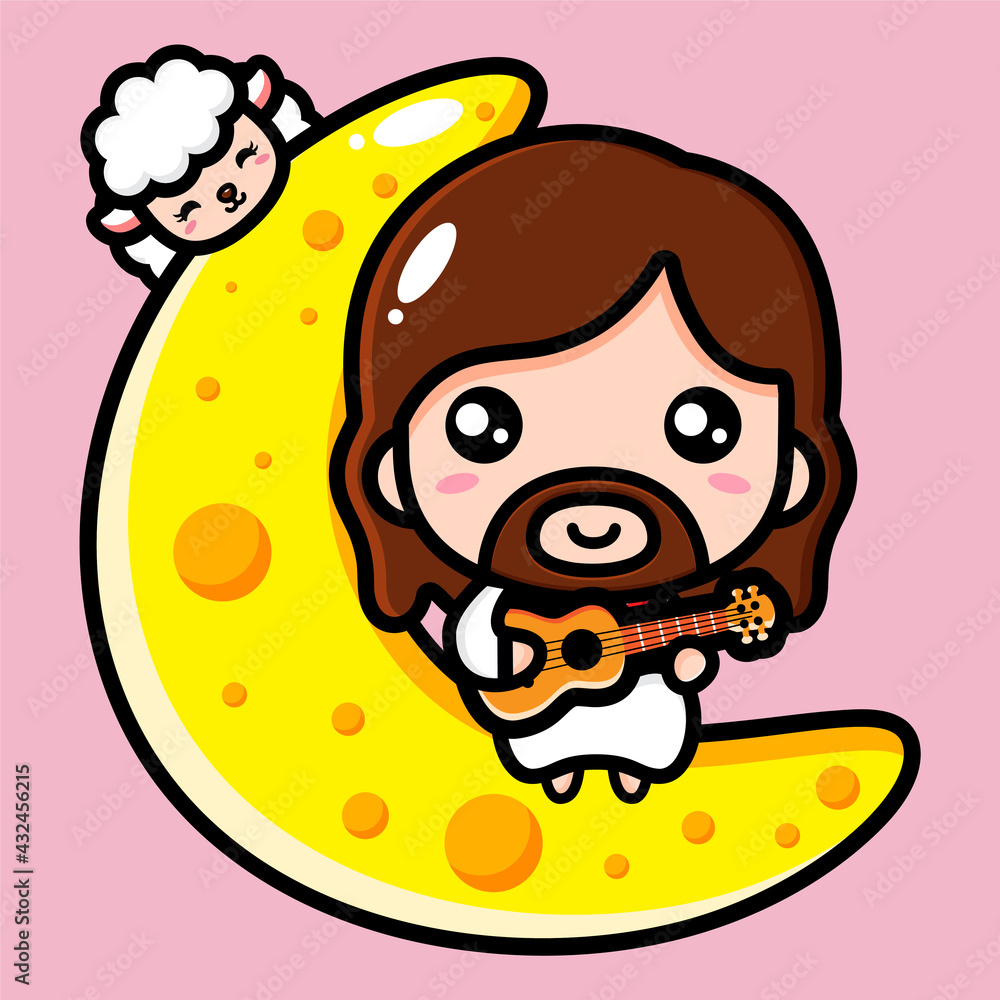 cute cartoon jesus vector design playing guitar on crescent moon along with  sheep Stock Vector | Adobe Stock