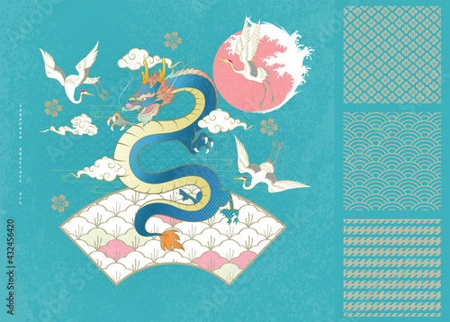 Abstract Japanese Art Flying Dragon Floating with Curve Body and Torrential Splash Surround the Sun and Cranes Flying Around with Clouds on Leave Repeat Pattern Blue Background and Three Japan Pattern