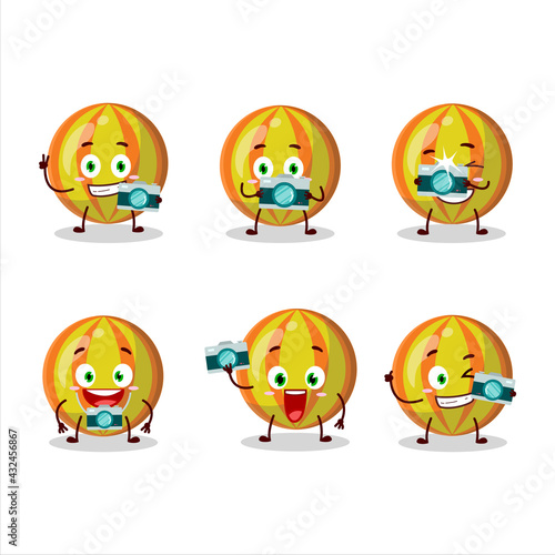 Photographer profession emoticon with yellow candy cartoon character