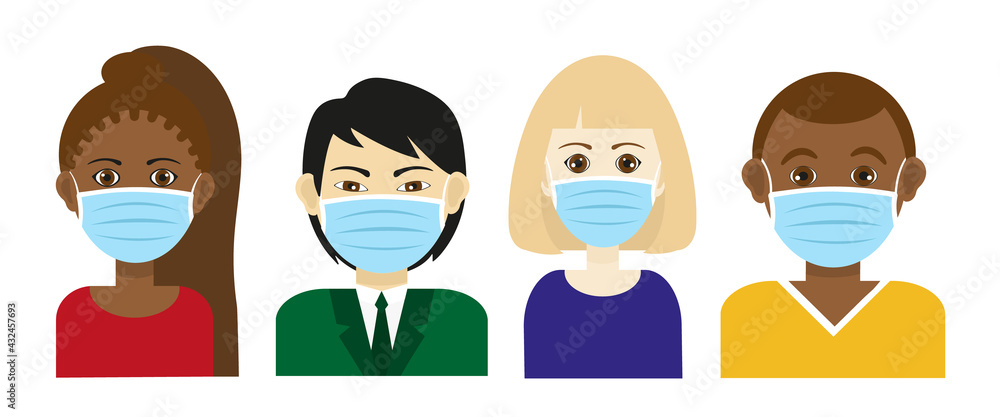 Group of people wearing blue surgical face masks Group of people wearing blue surgical face masks