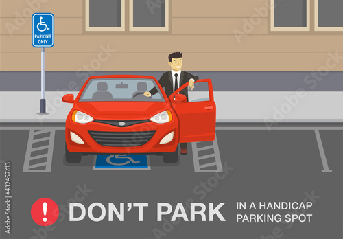 Smiling young male driver leaning on the opened car door. City disabled parking area. Do not park in a handicap spot warning. Traffic or road rule. Flat vector illustration template.