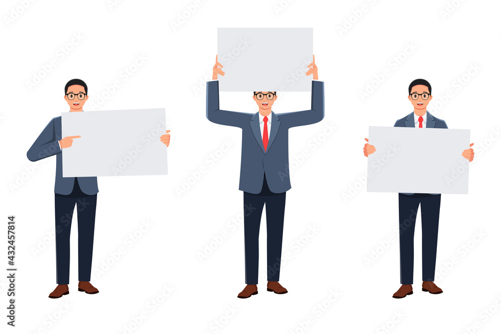 The bespectacled man pointed, raised and held an empty banner. in a bundle set. white background. happy face. The bespectacled man pointed, raised and held an empty banner. in a bundle set. white background. happy face.