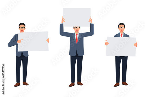 The bespectacled man pointed, raised and held an empty banner. in a bundle set. white background. happy face.