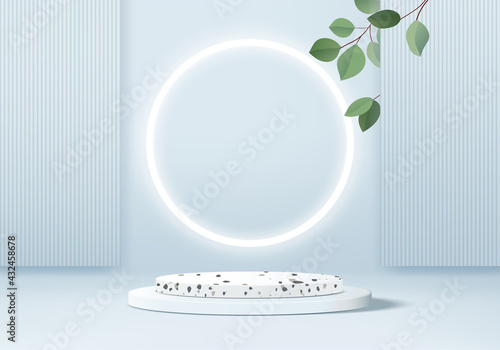 3d marble stone product display platform with blue background. Background vector 3d rendering terrazzo podium platform. stand show cosmetic product. Stage showcase on pedestal modern studio platform
