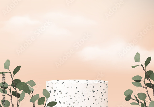 3d background products display podium scene with palm leaf geometric platform. background vector 3d render with podium. stand show cosmetic product. Stage showcase on pedestal display orange studio