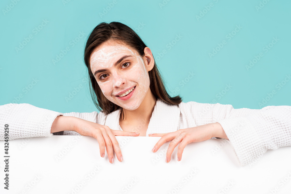 Beauty woman with clean healthy skin, natural make up, spa concept. Beautiful girl with white facial mask cream, isolated. Banner with copy space, empty space. Beauty woman with clean healthy skin, natural make up, spa concept. Beautiful girl with white facial mask cream, isolated. Banner with copy space, empty space.