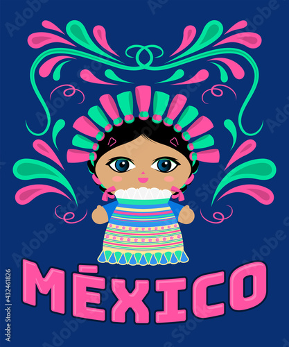 Mexican Doll with decorative ornaments and vector Mexico text.