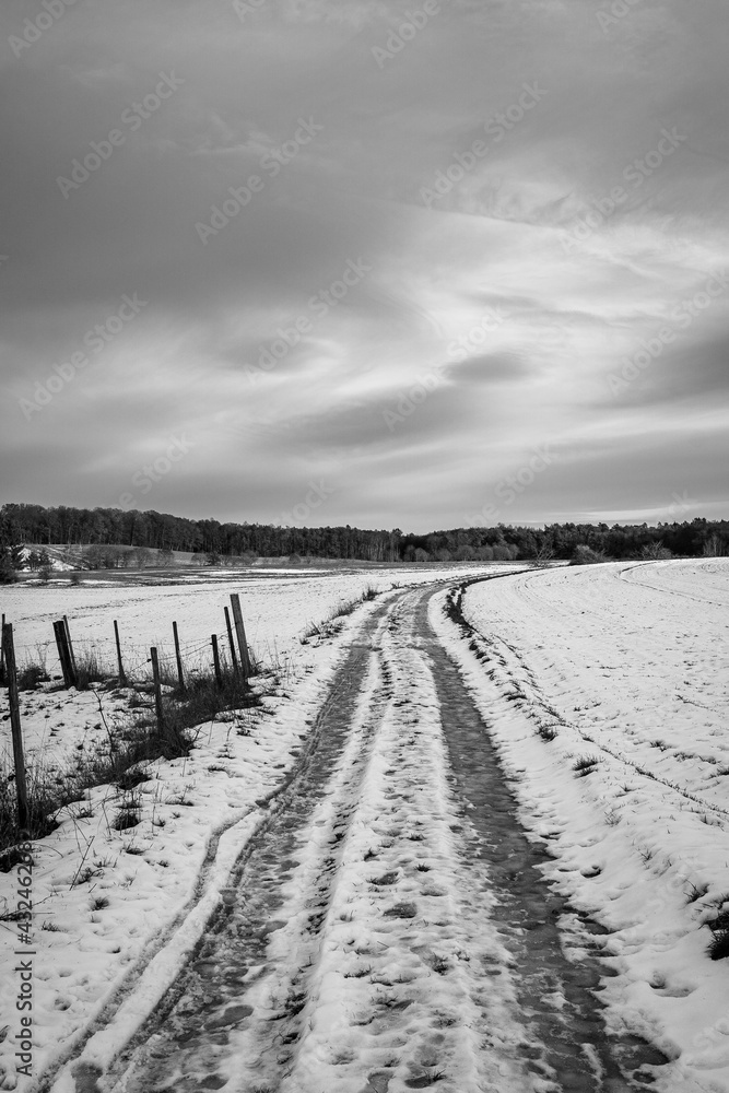 Country road in landscape with snow and grey cloudy sky 