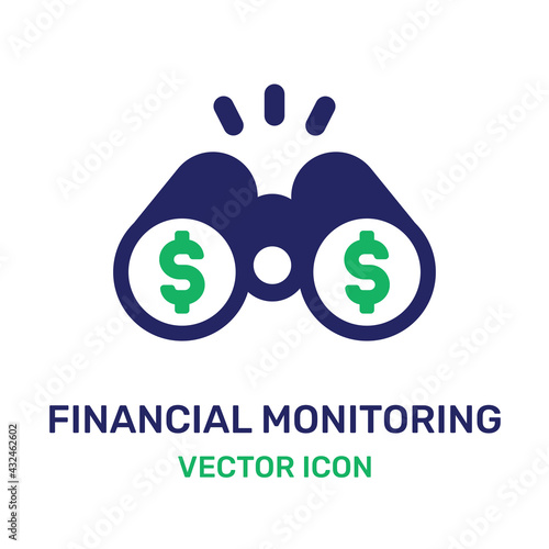 Binoculars and dollar. Financial supervision vector icon.