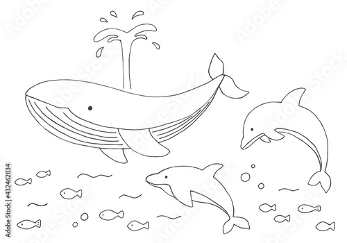 クジラとイルカの手描きイラストセット（モノクロ）
