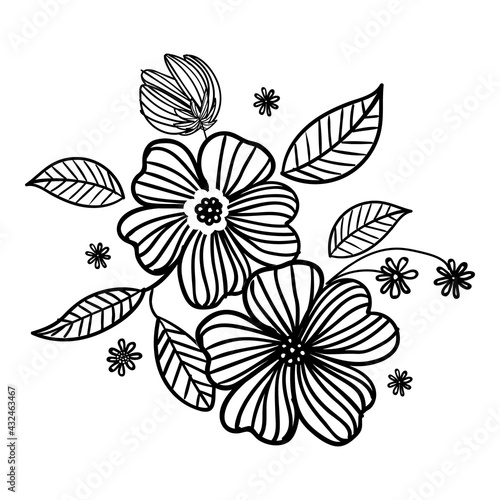 Handmade outline flower and leaves bouquet illustration  black and white  doodle  sketch