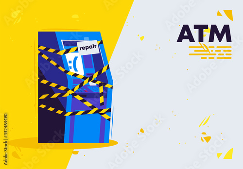 vector illustration of a broken ATM, with tape for fencing, ATM under repair