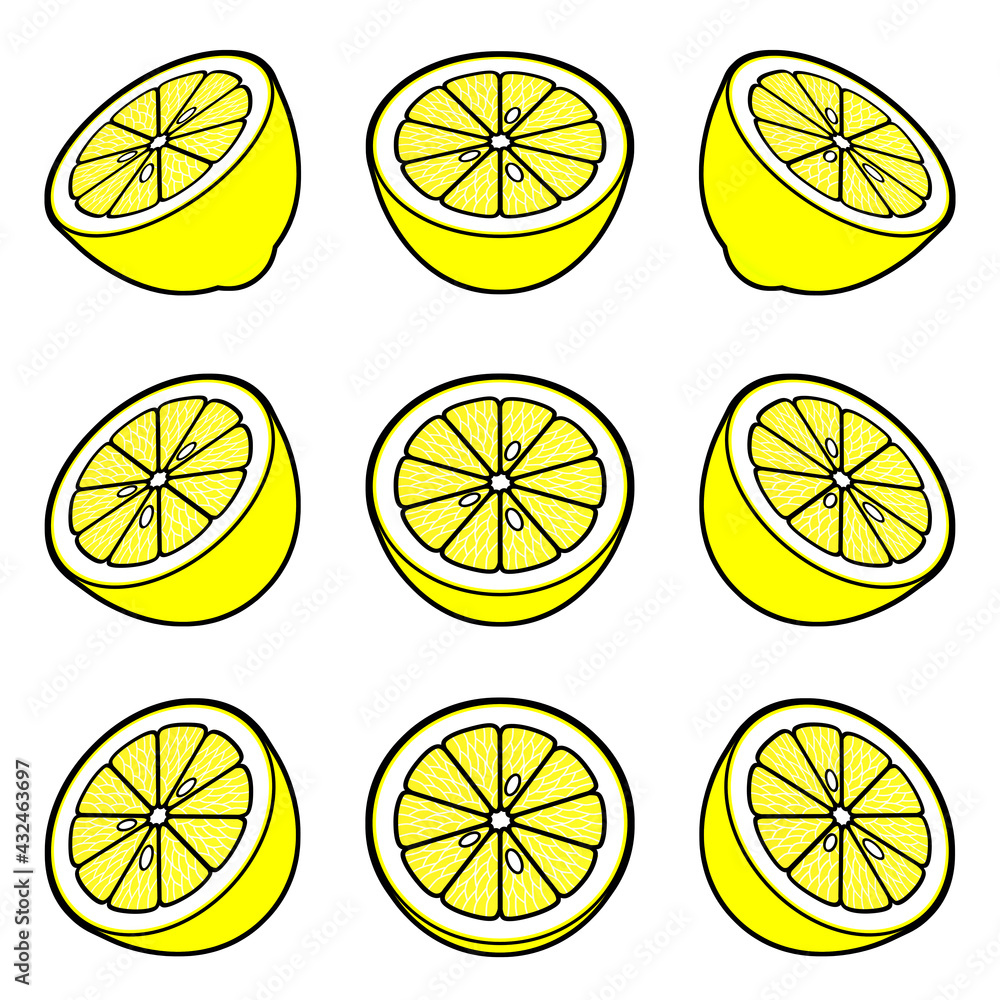 果物のイラスト素材 半分に切られたレモン 線画風 カラー 9点セット カット集 Stock イラスト Adobe Stock
