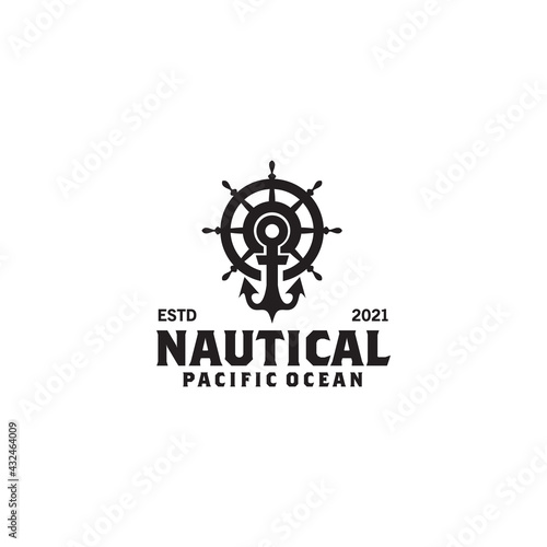 Nautical logo design with ship steering and anchor icon template