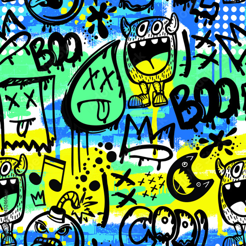 hand drawn pattern with monsters for boys. Slogans, graffiti background. For children's textiles, wrapping paper, prints
