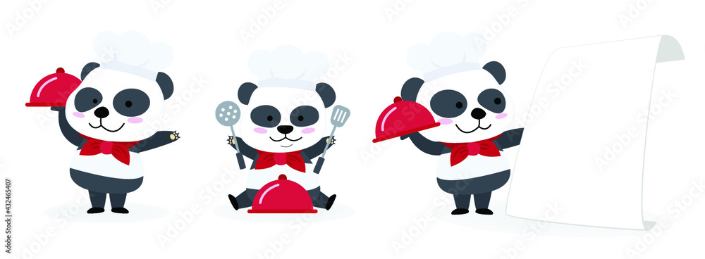 The Illustration of Panda Chef Mascot Character. Cute Panda Serving Food on White Background. Cartoon Style.