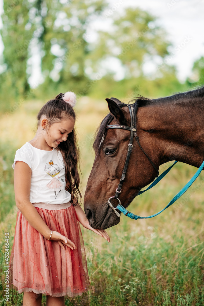 Obraz premium Emotional contact with the horse. Horse riding. The girl rides a horse in the summer.