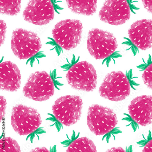 Pink Strawberry on white background. Bright colors. Healthy vegan food. Summer vibes. Yummy snack. Grocery. Seamless repeatable pattern. Original illustration. Digital art. Cute drawing. 