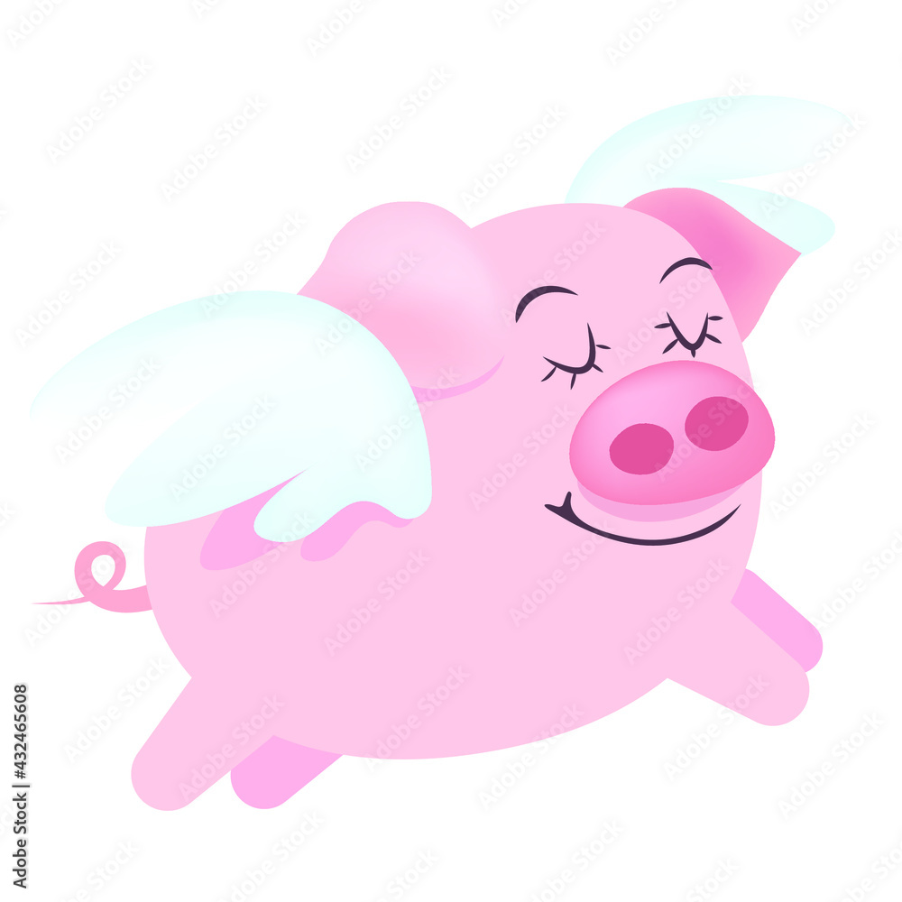Flying Pink Pig with White Wings. Vector Cute Animal Character.