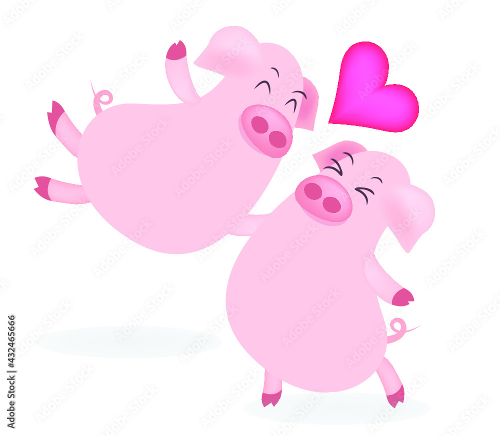 The Cute Illustrator of Two Lovely Pigs Dancing and Kissing Together with Big Valentine Heart.