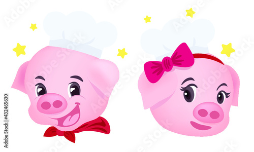 The cartoon character design of male and female pig chefs with star for food of restaurant logo.