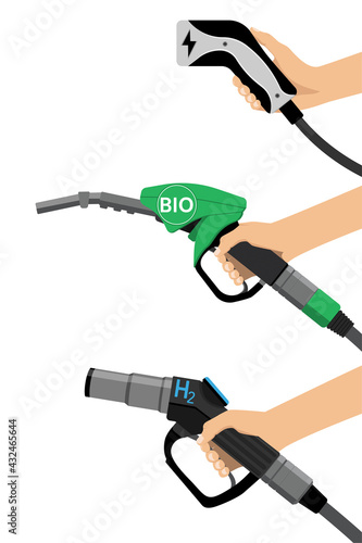 Set of hands with hydrogen nozzle, electric plug and biofuel nozzle. Vector illustration