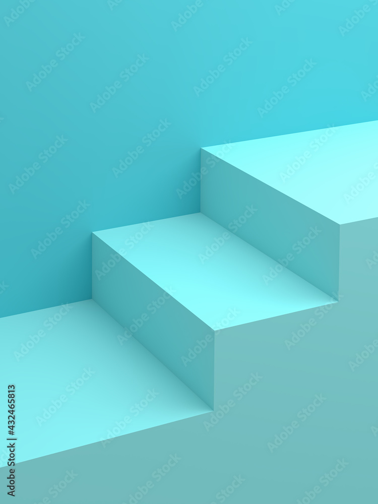 The backdrop for merchandise placement is a staircase pattern in pastel blue. 3D Scene. The backdrop for merchandise placement is a staircase pattern in pastel blue. 3D Scene.