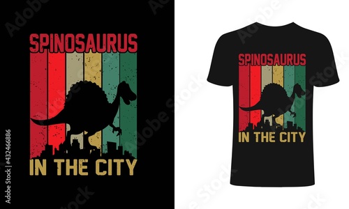 Spinosaurus in the city  t-shirt design template. Spinosaurus, retro T-Shirt. Print for posters, clothes, mugs, bags, greeting cards, banners, advertising.