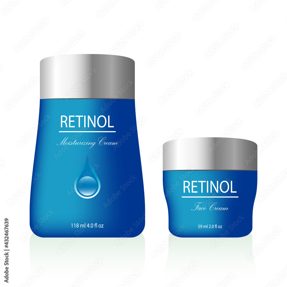 Product design of Retinol cream bottles. Retinol is an anti-aging cosmetic product that will keep your face youthful. Product design of Retinol cream bottles. Retinol is an anti-aging cosmetic product that will keep your face youthful.