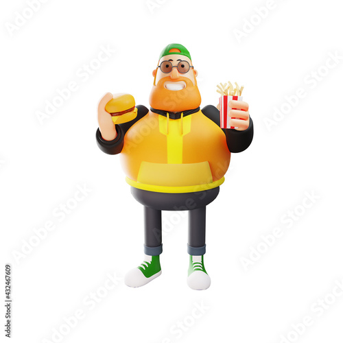 3D Fat Male Cartoon Illustration holding a burger and French fries