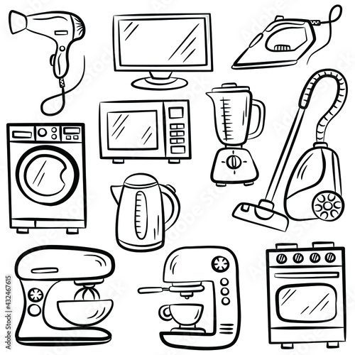Vector set with hand drawn isolated doodles of home appliances on white color.