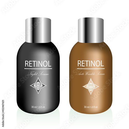 Product design of Retinol serum bottles. Retinol is an anti-aging cosmetic product that will keep your face youthful. The black bottle is Retinol Night Serum. The gold bottle is Anti-Wrinkle Serum.