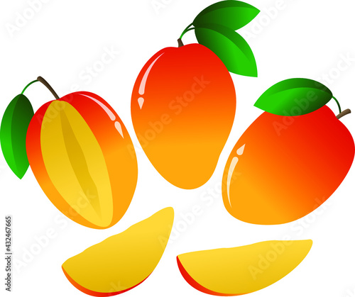 Vector set: mango. Appetizing, fresh, juicy,  vitamin, sunny yellow and orange colors whole fruits with green leaves and slices. Elements for design card, poster about summer, healthy and tasty food.