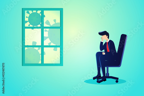 Businessman sitting sadly near the window. Covid-19 pandemic concept. Vector illustration