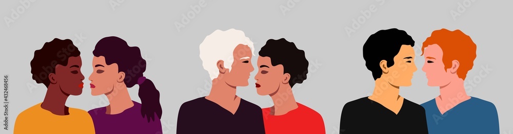 people kissing, couples lovers together, gay, lesbian and heterosexual, illustration different ethnic