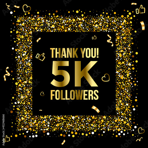 Thank you 5k or five thousand followers peoples,  online social group, happy banner celebrate, gold and black design. Vector illustration