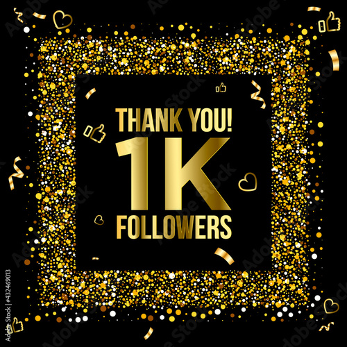 Thank you 1k or one thousand followers peoples,  online social group, happy banner celebrate, gold and black design. Vector illustration photo
