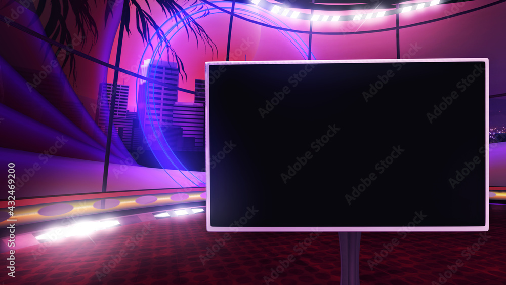 Retro virtual show stage background with a monitor, ideal for tv shows,  commercials or events. A 3D illustration, suitable on VR tracking system  sets, with green screen Stock Illustration | Adobe Stock