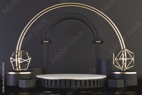 3d rendering, Black Luxury Podium on background black for show product.
