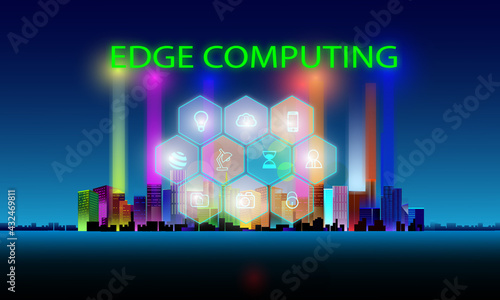 Concept of Edge computing and IOT icons on City background