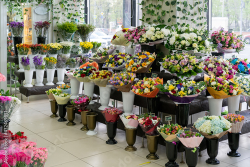Selling flowers in the store. Flowers beautiful bouquet. Decorative floral natural background.