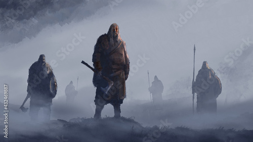 Vikings stand in the fog with axes, spears and shields, ready for battle. 2D illustration photo