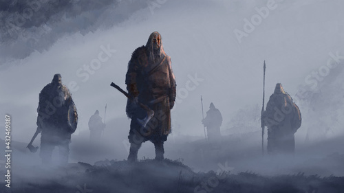 Fotografie Vikings stand in the fog with axes, spears and shields, ready for battle