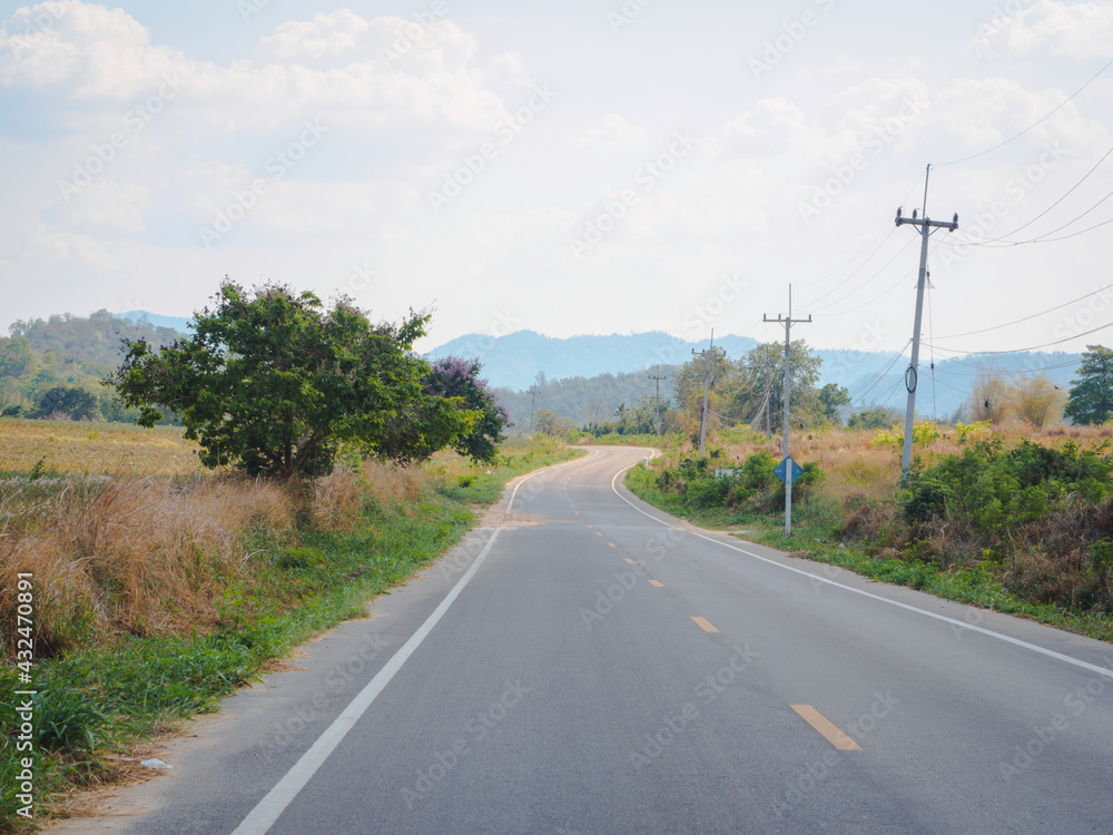 Rural road with tree and curve.