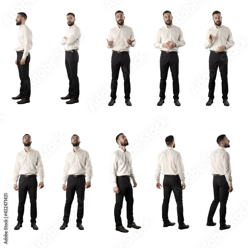 Set of talking business man at presentation and looking around amazed at shopping. Full body isolated on white background. 