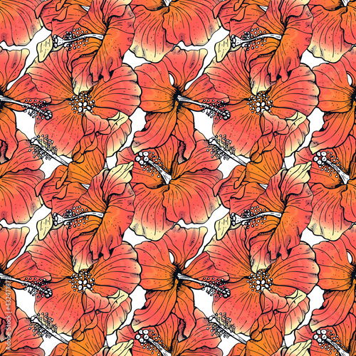 Seamless pattern with line art red hibiscus flowers, buds and leaves, with dark outline. On white background. Stock vector illustration.