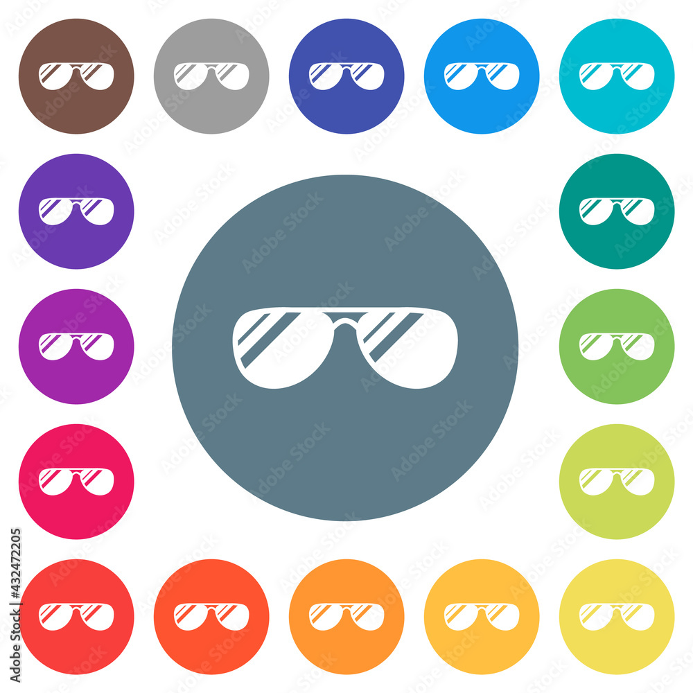 Aviator sunglasses with glosses flat white icons on round color backgrounds Aviator sunglasses with glosses flat white icons on round color backgrounds