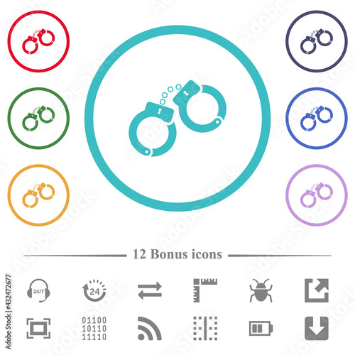 Handcuffs flat color icons in circle shape outlines