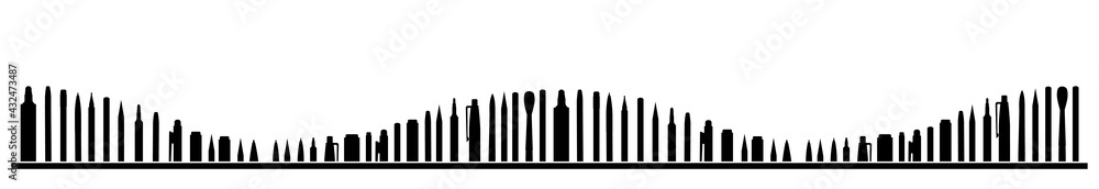 Stationery. Horizontal background silhouette picture for art studio, stationery store, school. Isolated object. Brushes, pencils, felt-tip pens. Bottom frame for banner, poster, business card. Vector Stationery. Horizontal background silhouette picture for art studio, stationery store, school. Isolated object. Brushes, pencils, felt-tip pens. Bottom frame for banner, poster, business card. Vector